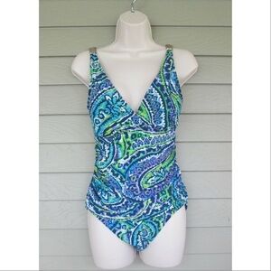 Ralph Lauren Womens Blue Green Paisley Scoop Back One Piece Swimsuit 10 Vacation